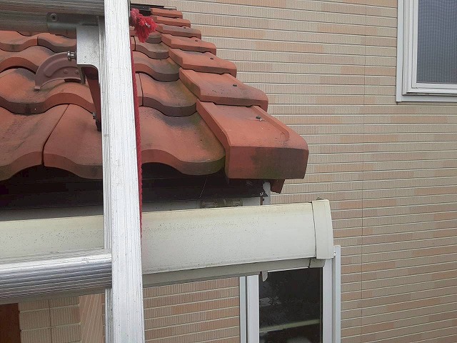 住宅下屋根のケラバ部捨て水切りの隙間にスズメの巣を確認