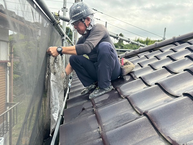 軒樋にたまっていたゴミをゴミ袋に集める屋根職人