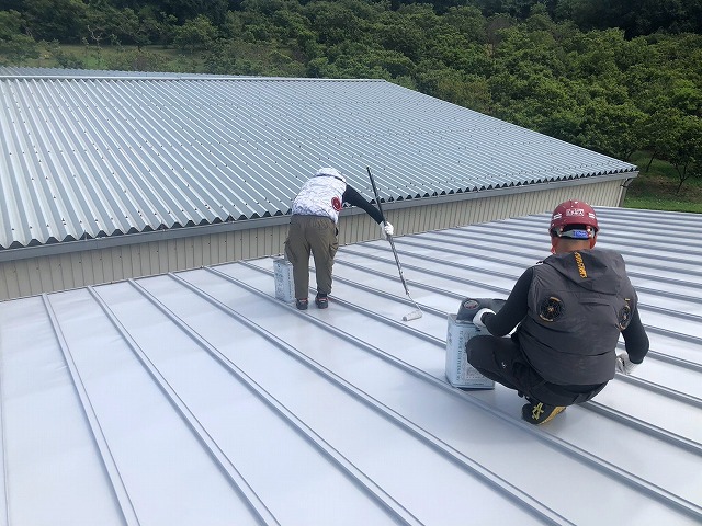 二人の職人が金属屋根の広い範囲を上塗りしている施工状況