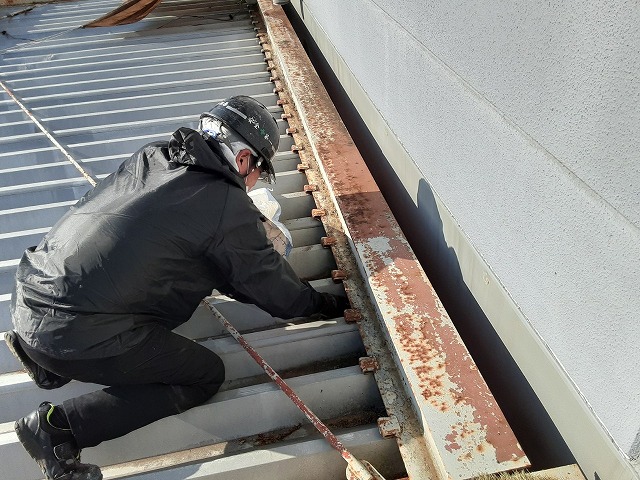 倉庫建物の雨樋清掃メンテナンスで下屋根部の落ち葉除去