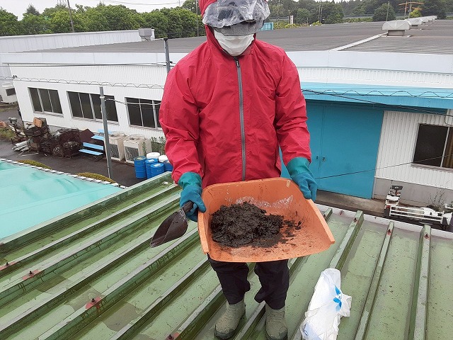 工場建物の雨樋にたまっていた土砂の除去作業