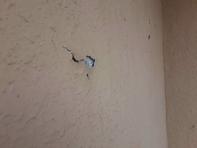 モルタル塗り外壁の塗膜剥がれなどを確認した現場調査