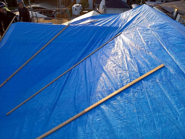 屋根葺き替え工事の既存瓦屋根解体後のブルーシート養生