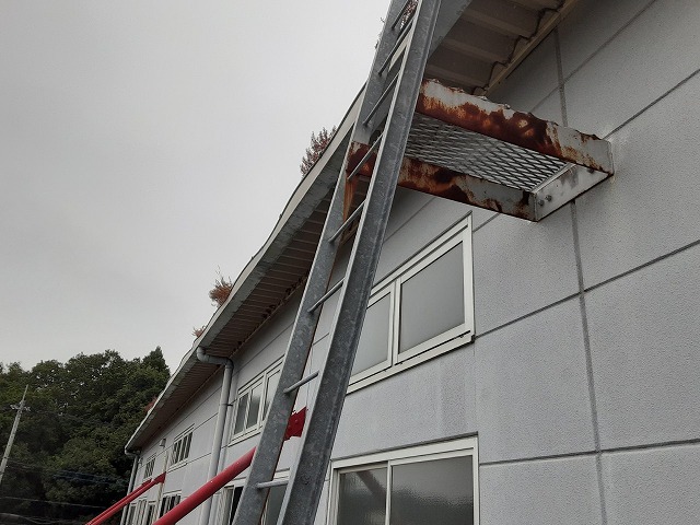 大型倉庫の屋根に上がるはしごのサビを確認した現場調査