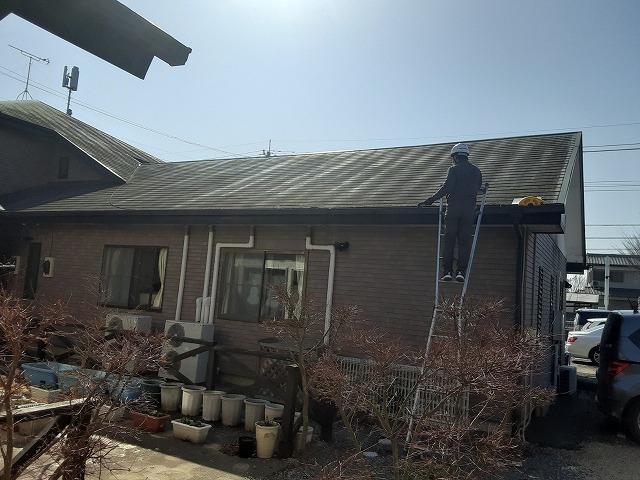 屋根に登り現場調査開始